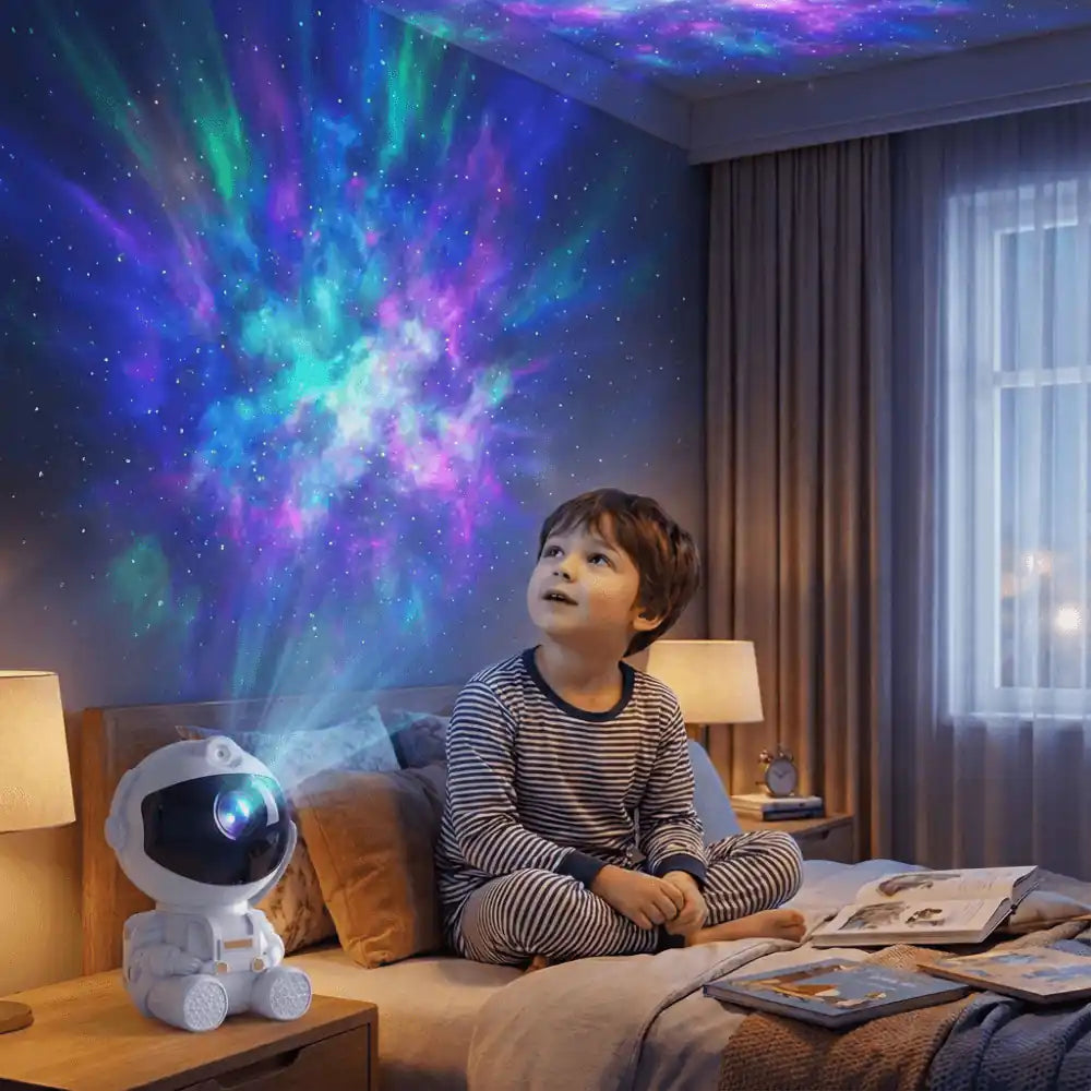 Child in a bedroom lit by the Astronaut Galaxy Projector