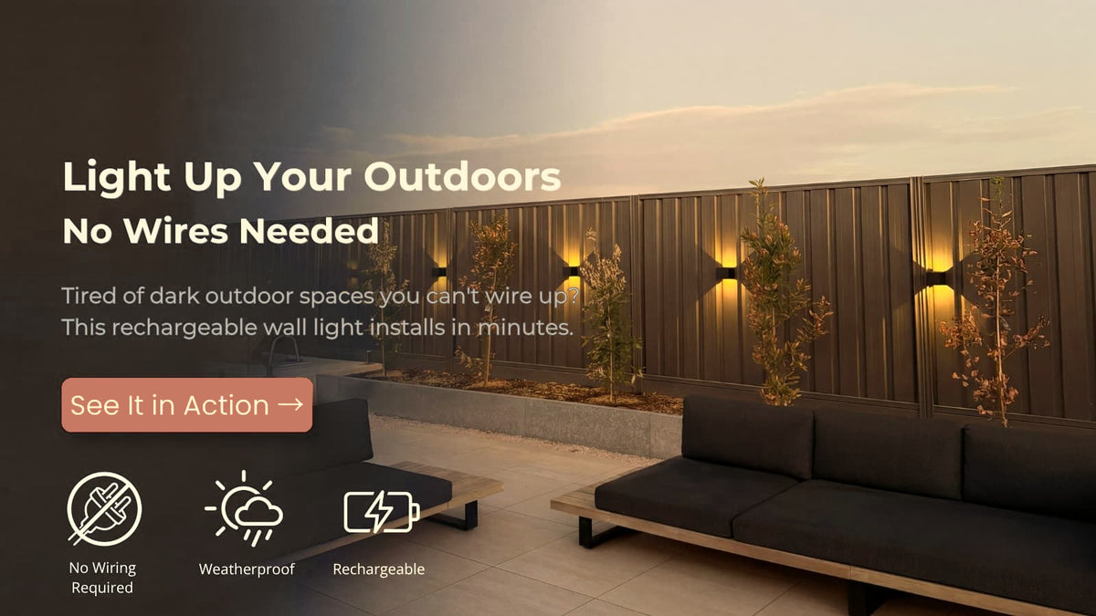 Outdoor wall light homepage banner — desktop, crisp native-res rebrand