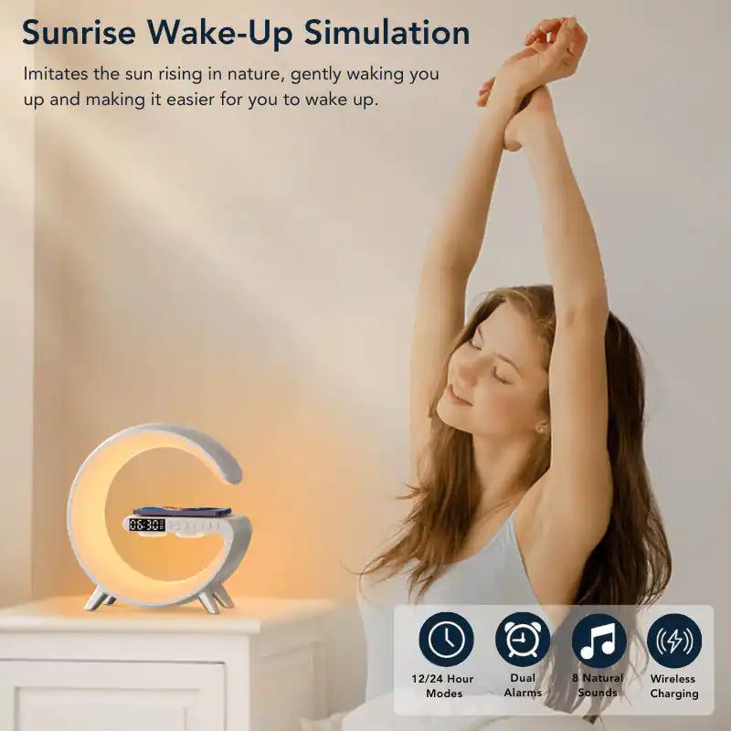 Smart LED wireless charging alarm clock — sunrise wake-up simulation